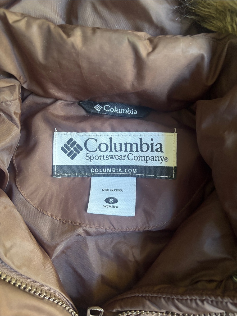 Columbia | Long Quilted Down Feathers Brown Puffer Coat Faux Fur Hood Small - Picture 5 of 10